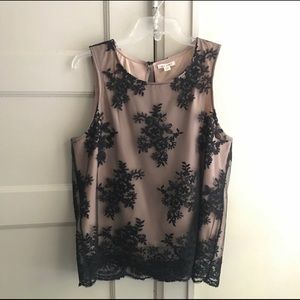 Francesca’s Black Floral Top with Lace Overlay